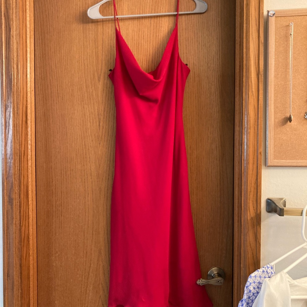 Cute red dress with asymmetrical scalloped hemline